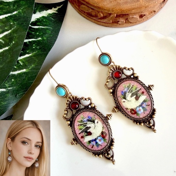 Jewelry - Vintage Style Dove Bird Baroque Earrings Micro Mosaic Style Floral Ornate NEW